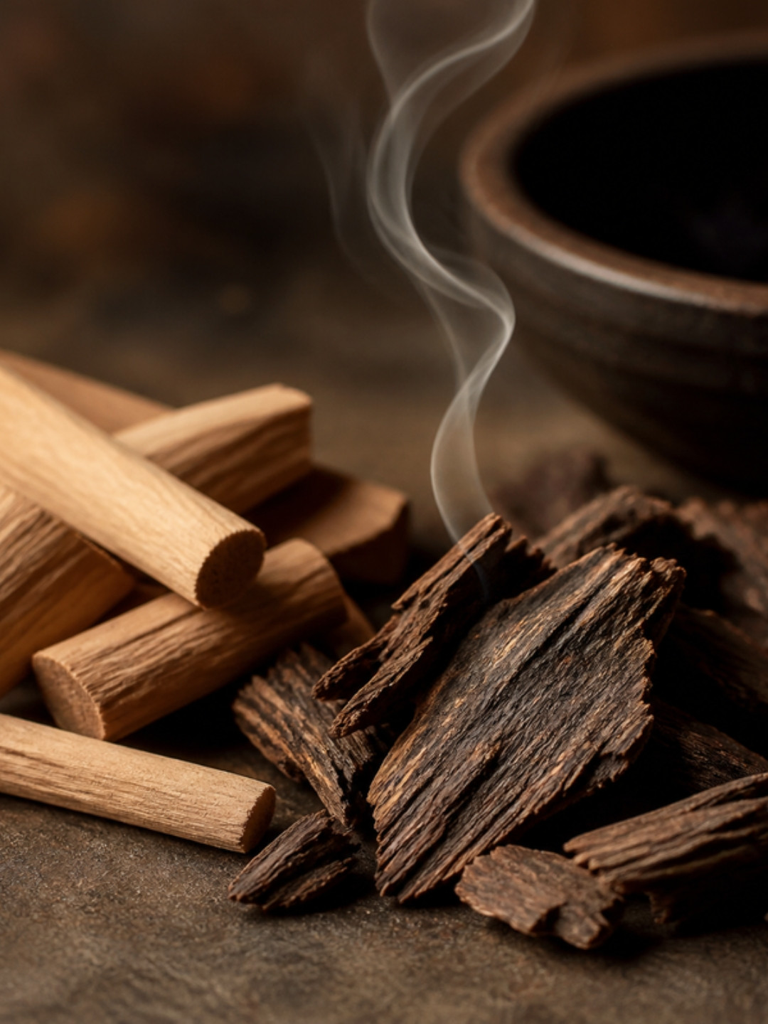 Palos de sándalo y madera aromática con humo